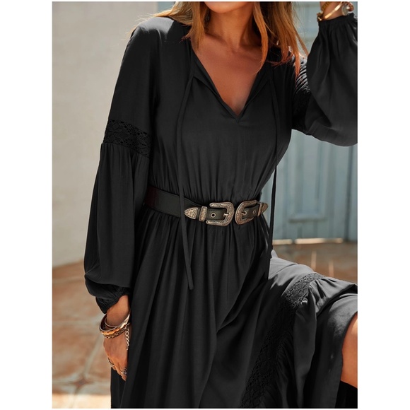 Boho Black Lace Long Sleeve Maxi Dress - Picture 3 of 7
